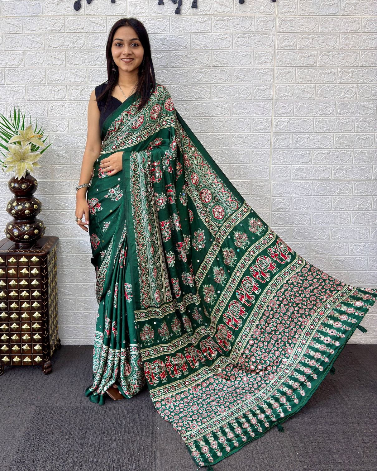 Forest green modal silk saree with elephant motif ajrakh print designer heritage pallu traditional festive wear saree mameraa