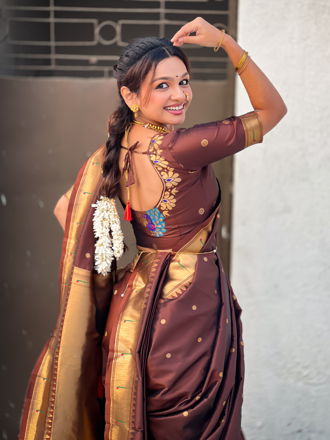 Coffee Wedding Special Nauvari Paithani Soft Silk Saree with Zari Woven Polka Motifs and Peacock Pallu