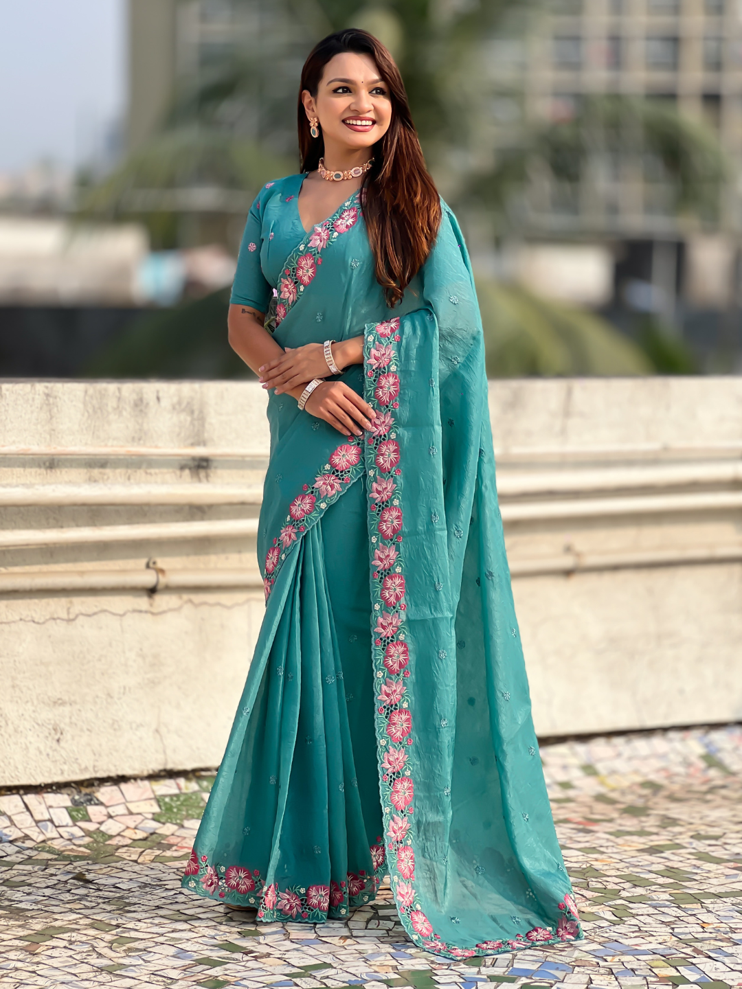 Sky Pure Crush Embroidered Saree with Multicolor Floral Motifs and Cutwork Border