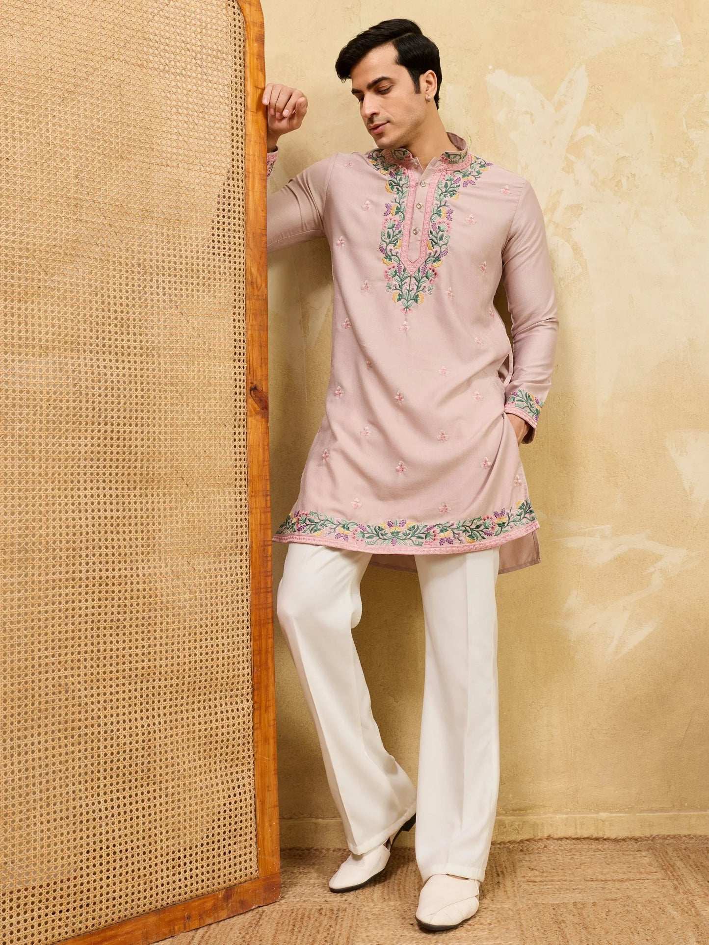 Classy Dusty Beige Floral Embroidery Silk Engagement Wear Men's Kurta