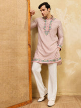 Classy Dusty Beige Floral Embroidery Silk Engagement Wear Men's Kurta