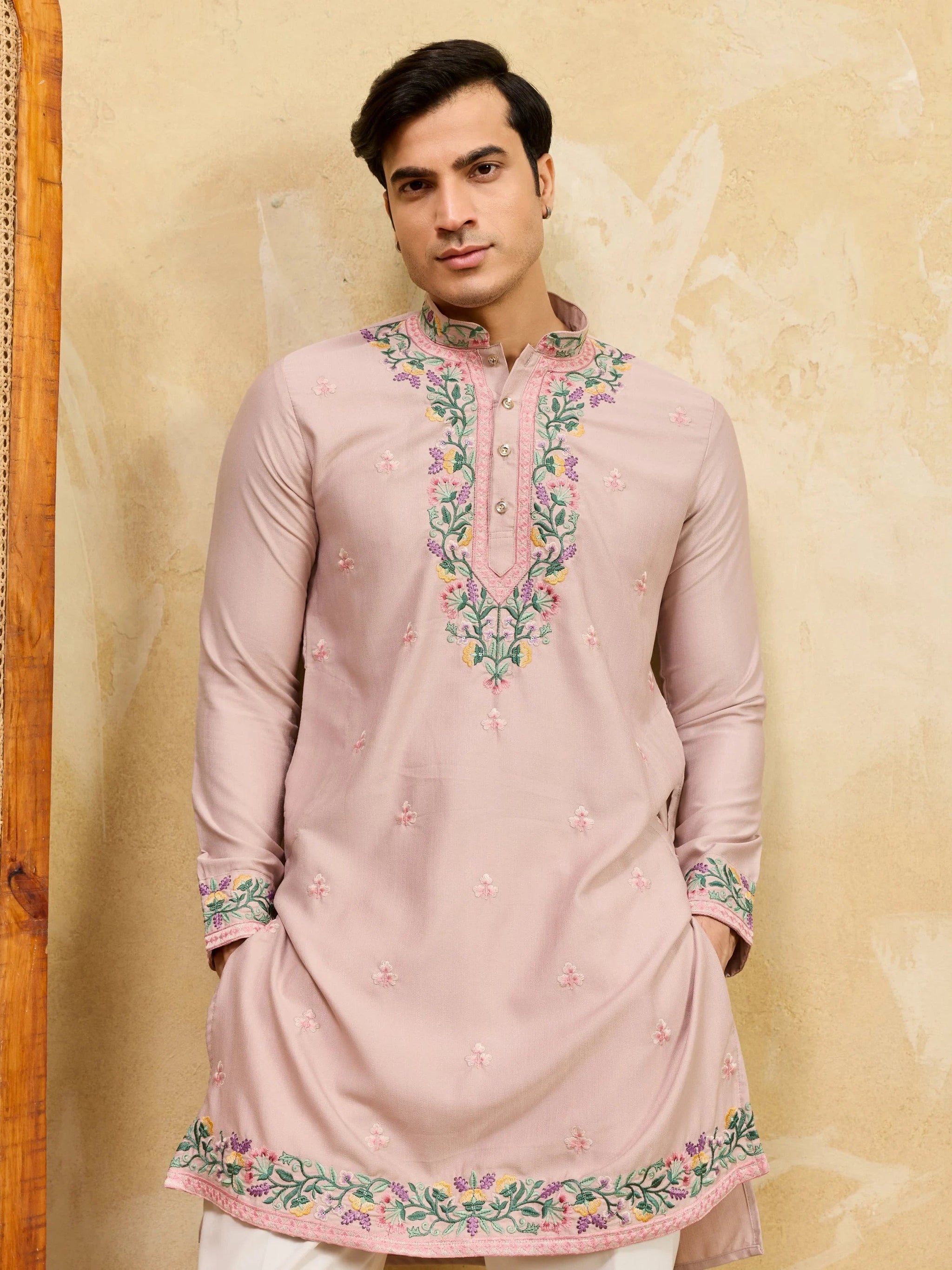 Classy Dusty Beige Floral Embroidery Silk Engagement Wear Men's Kurta