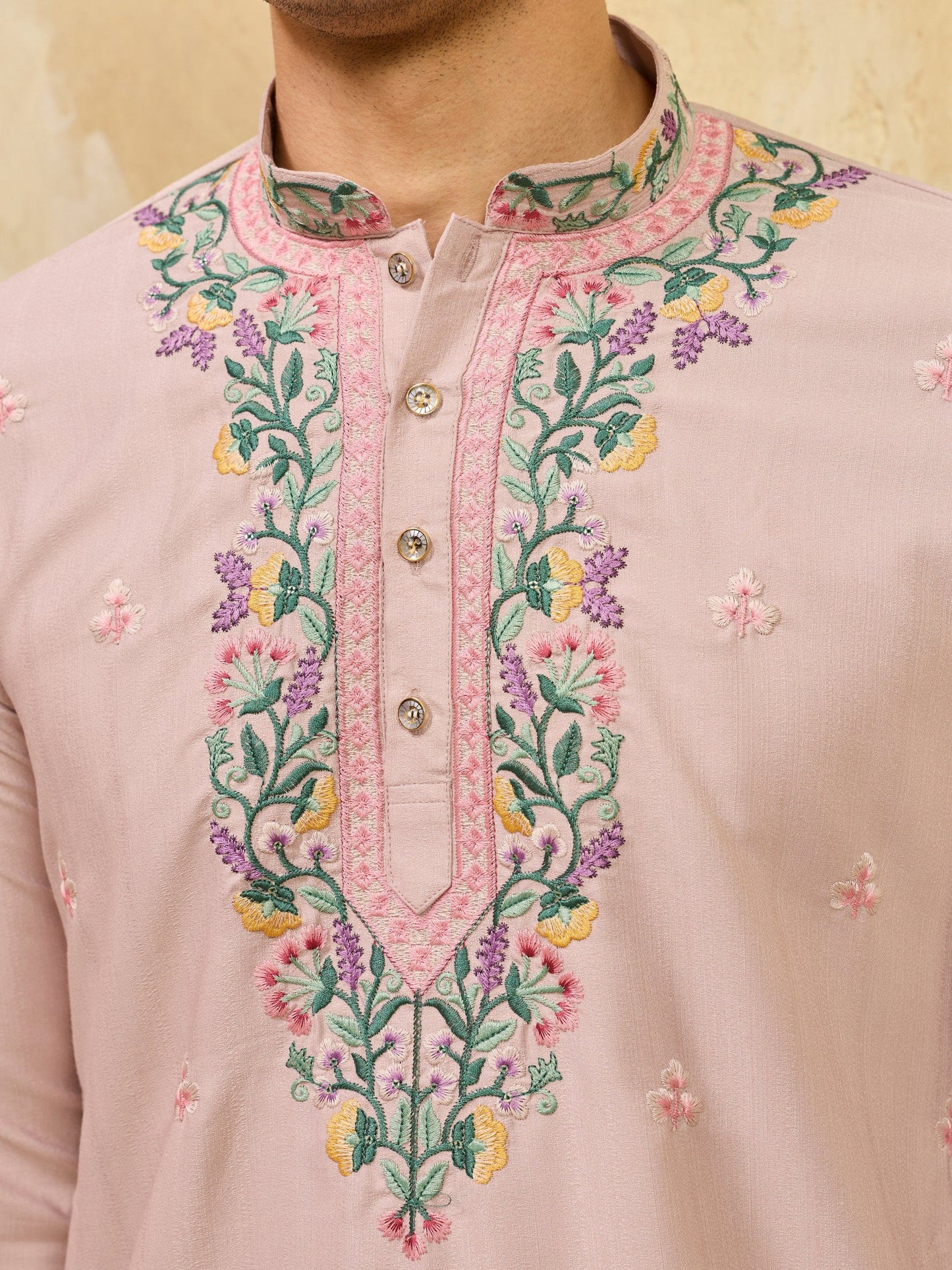 Classy Dusty Beige Floral Embroidery Silk Engagement Wear Men's Kurta