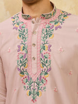 Classy Dusty Beige Floral Embroidery Silk Engagement Wear Men's Kurta