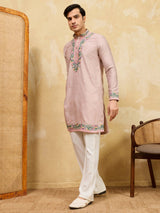 Classy Dusty Beige Floral Embroidery Silk Engagement Wear Men's Kurta
