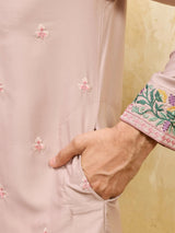 Classy Dusty Beige Floral Embroidery Silk Engagement Wear Men's Kurta