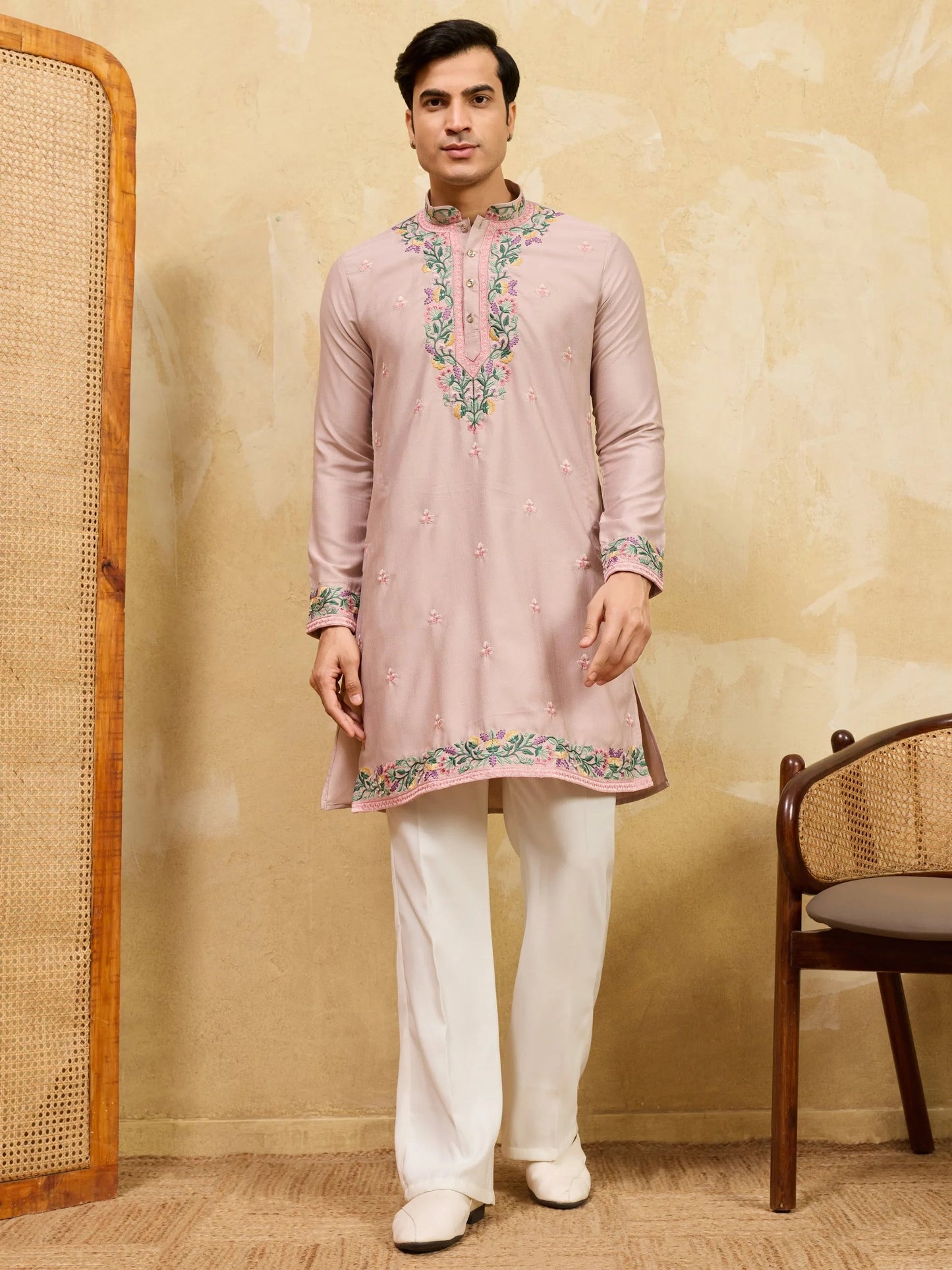 Classy Dusty Beige Floral Embroidery Silk Engagement Wear Men's Kurta