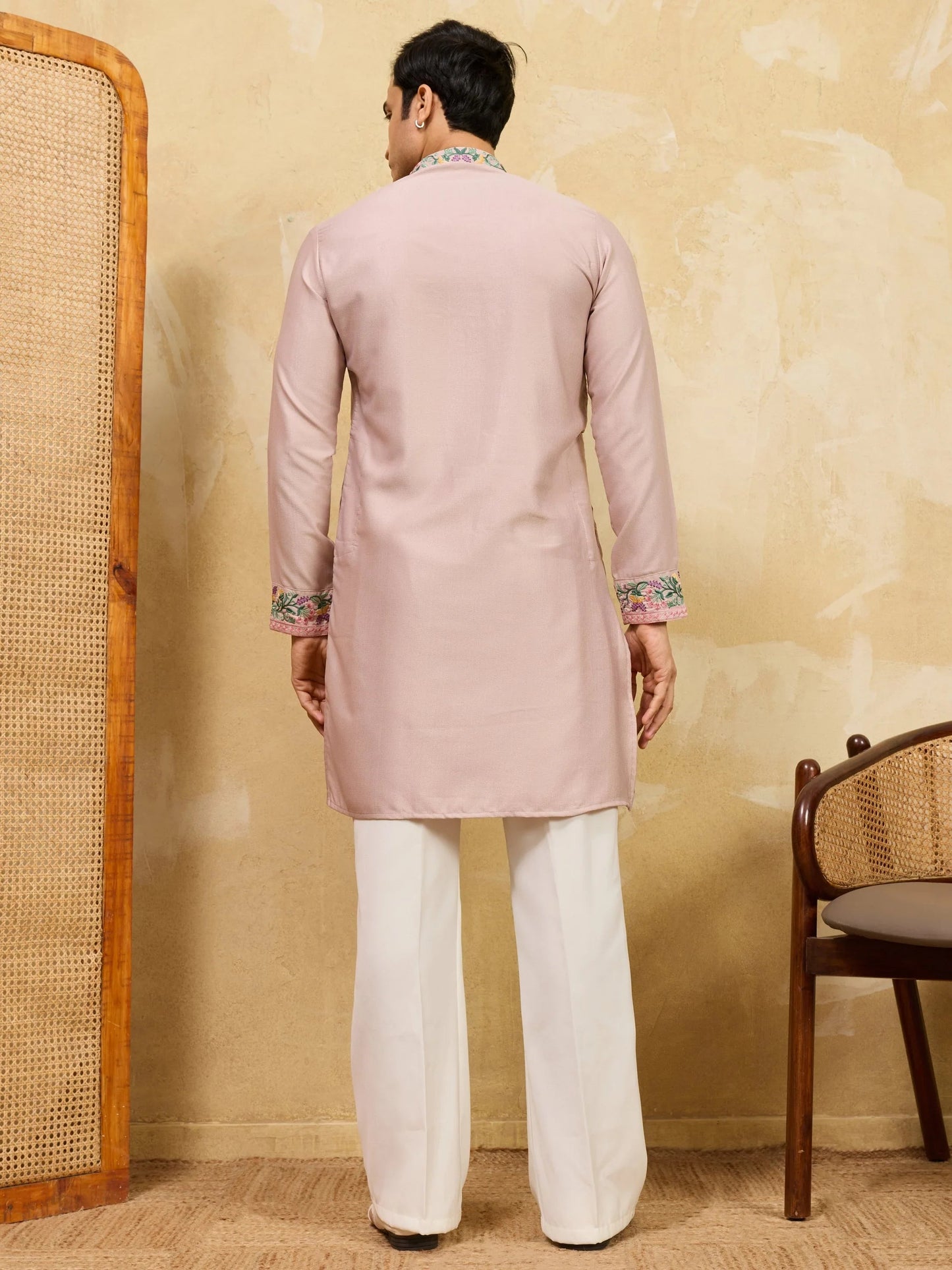 Classy Dusty Beige Floral Embroidery Silk Engagement Wear Men's Kurta