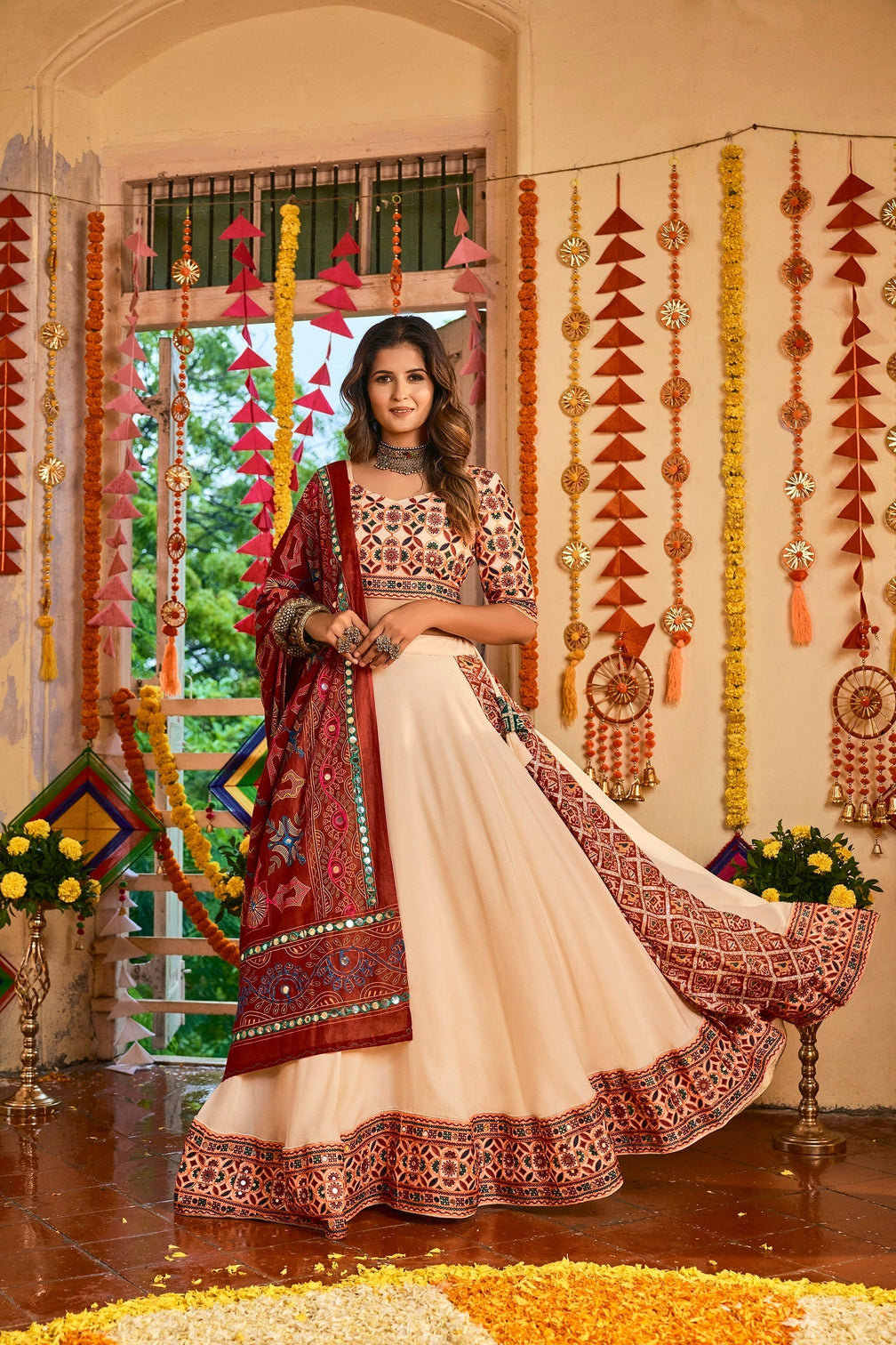 Traditional Wear Beige Color Navratri Special Lehenga Choli