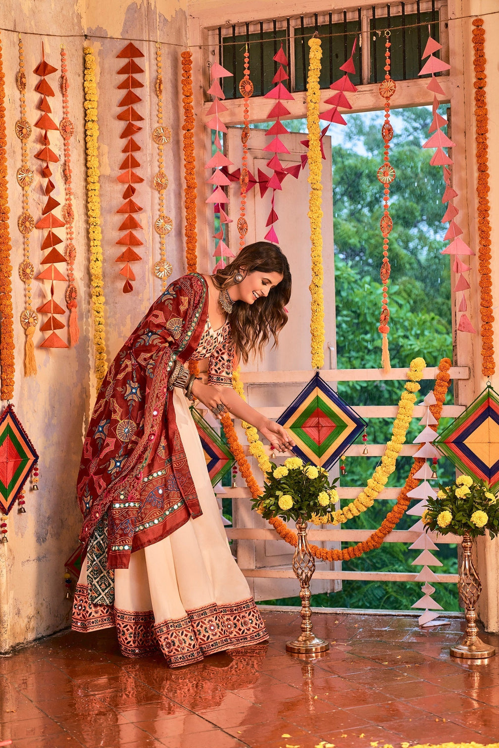 Traditional Wear Beige Color Navratri Special Lehenga Choli