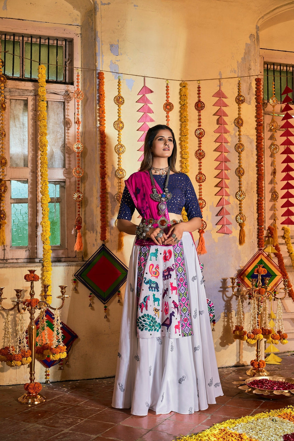 Traditional Wear White With Navy Blue Color Navratri Special Lehenga Choli
