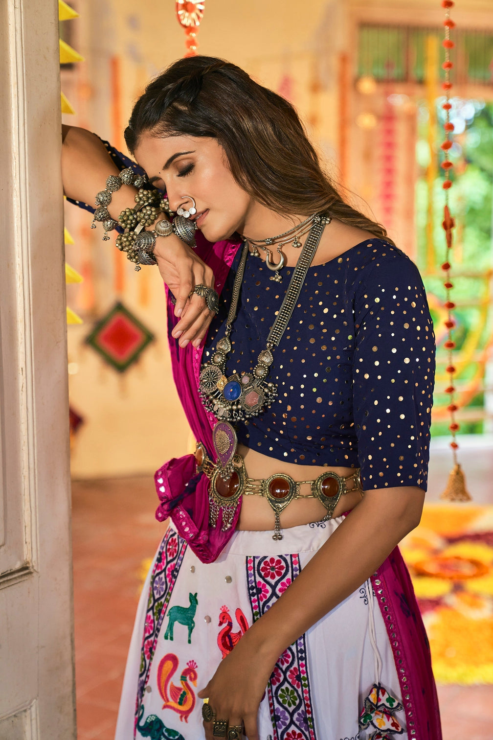 Traditional Wear White With Navy Blue Color Navratri Special Lehenga Choli