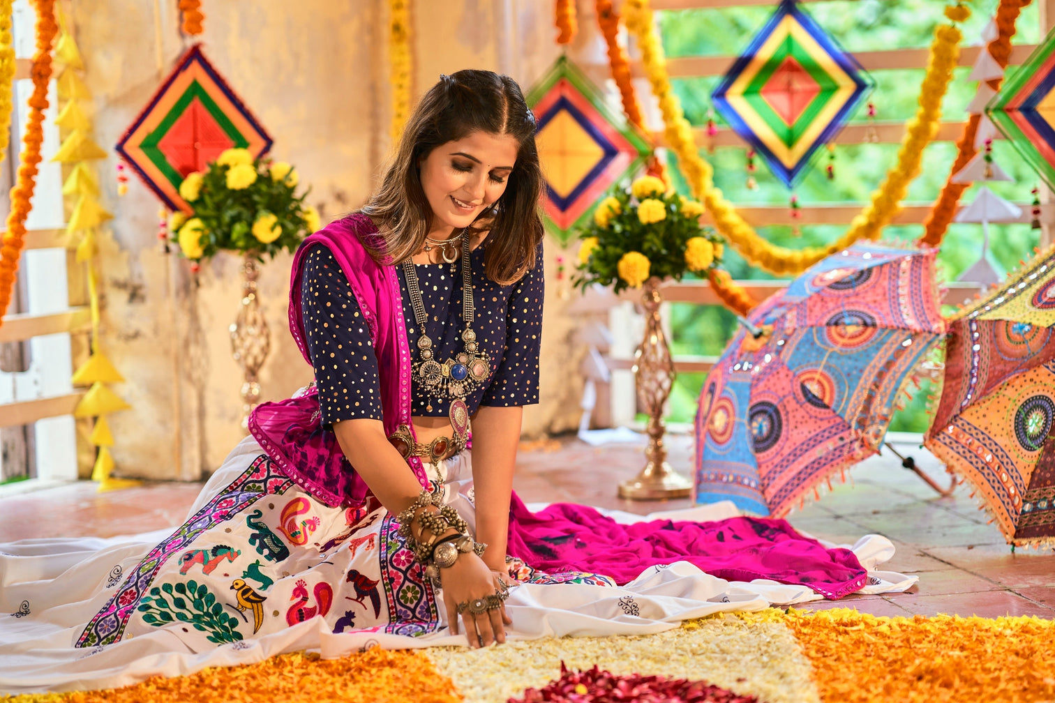 Traditional Wear White With Navy Blue Color Navratri Special Lehenga Choli