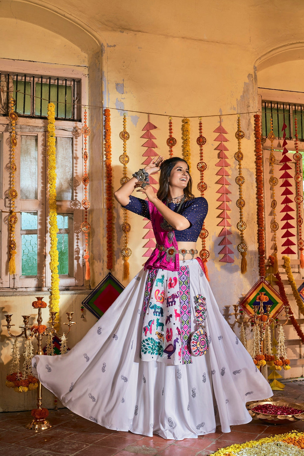 Traditional Wear White With Navy Blue Color Navratri Special Lehenga Choli