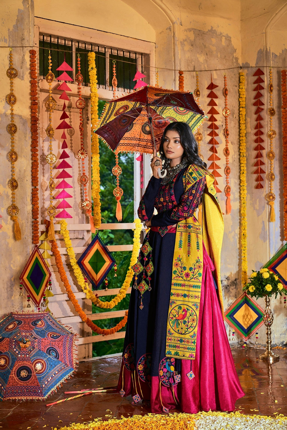 Traditional Wear Pink With Navy Blue Color Navratri Special Lehenga Choli