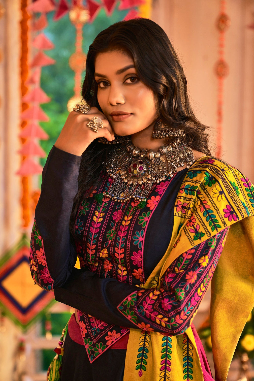 Traditional Wear Pink With Navy Blue Color Navratri Special Lehenga Choli