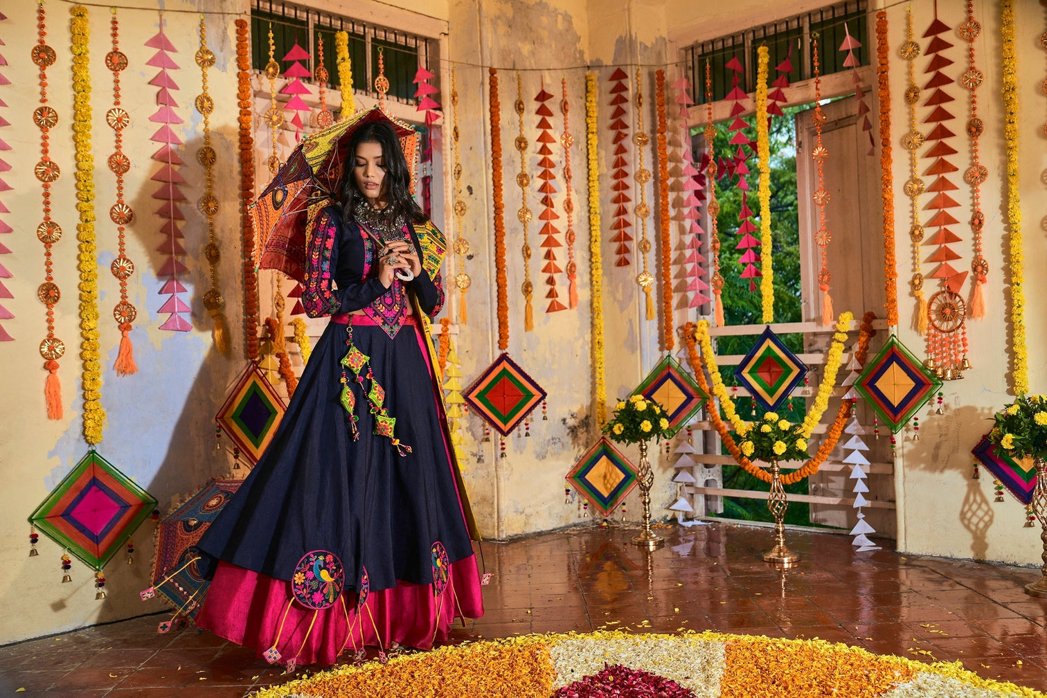 Traditional Wear Pink With Navy Blue Color Navratri Special Lehenga Choli