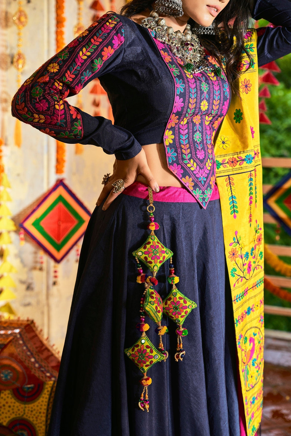 Traditional Wear Pink With Navy Blue Color Navratri Special Lehenga Choli