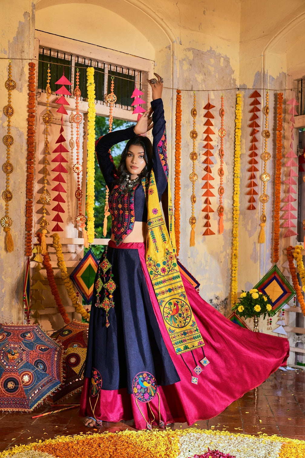 Traditional Wear Pink With Navy Blue Color Navratri Special Lehenga Choli