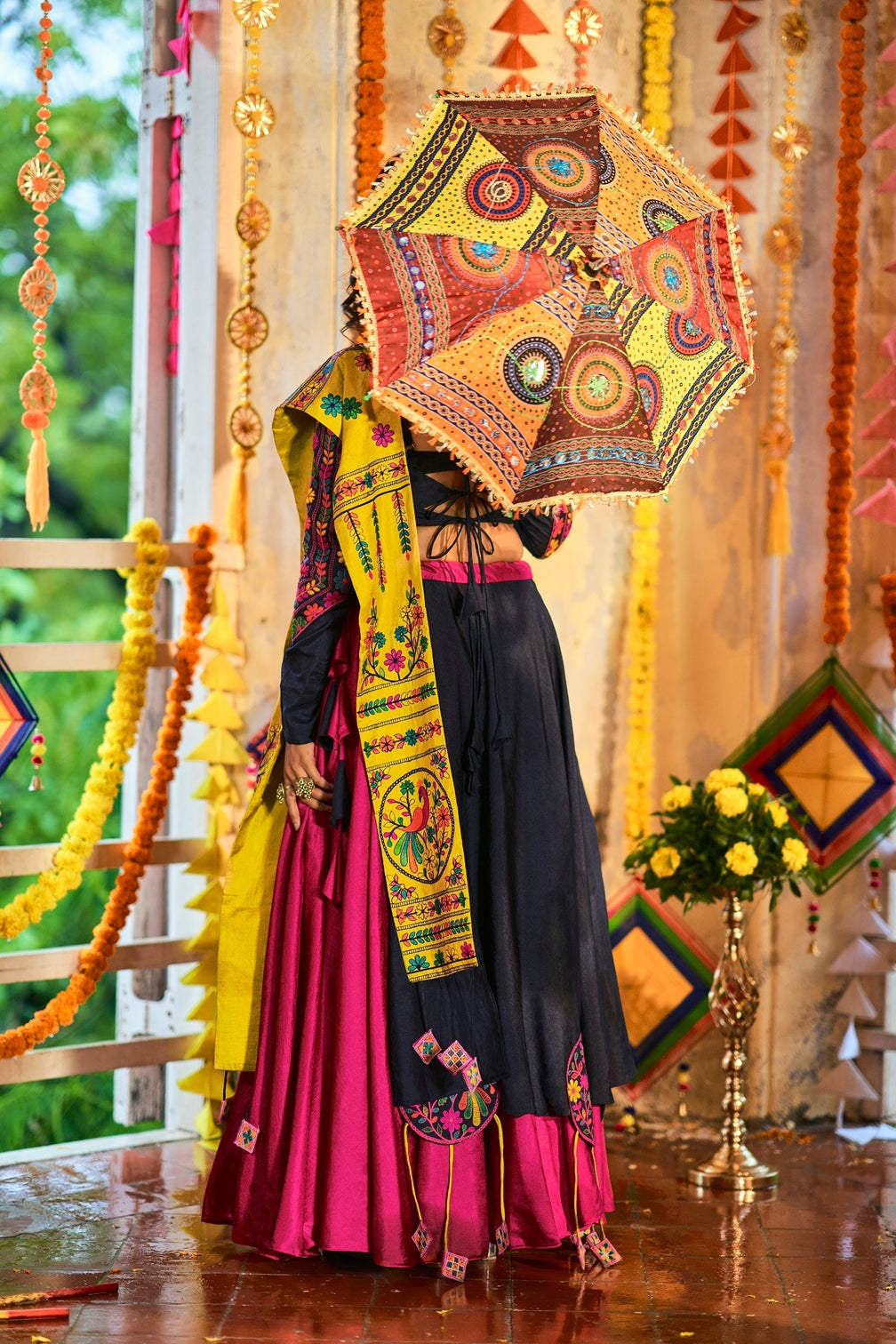 Traditional Wear Pink With Navy Blue Color Navratri Special Lehenga Choli