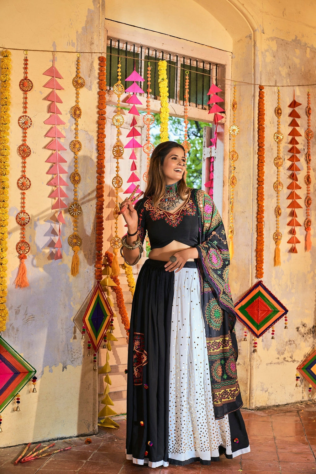 Traditional Wear Black & White Color Navratri Special Lehenga Choli