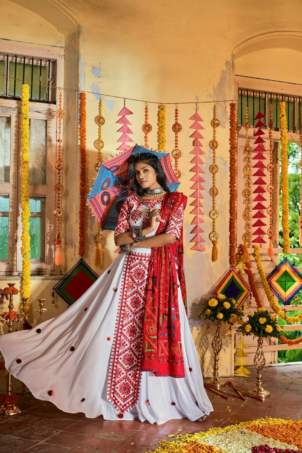 Traditional Wear White Color Navratri Special Lehenga Choli
