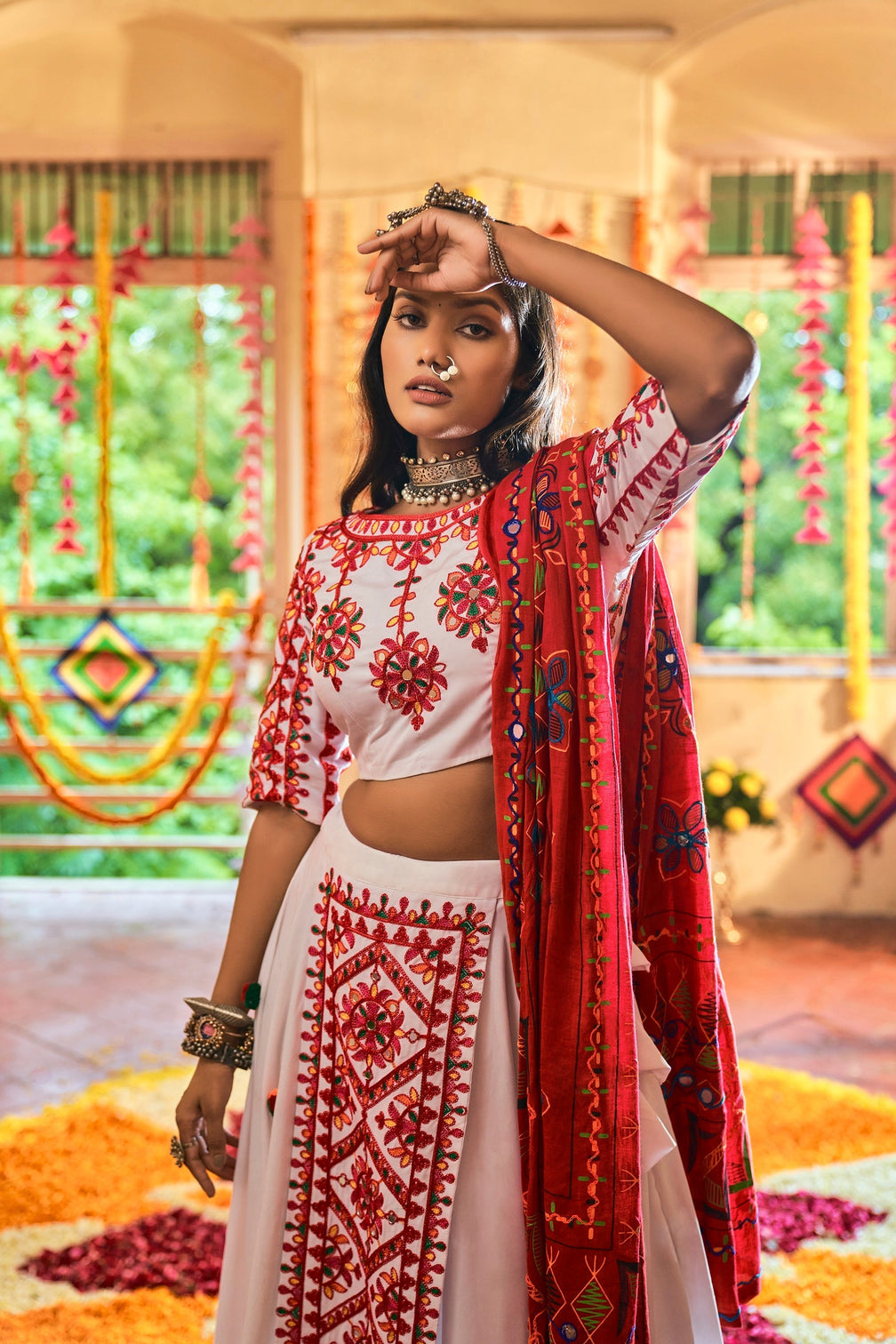 Traditional Wear White Color Navratri Special Lehenga Choli