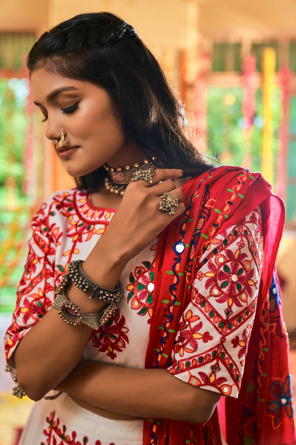 Traditional Wear White Color Navratri Special Lehenga Choli
