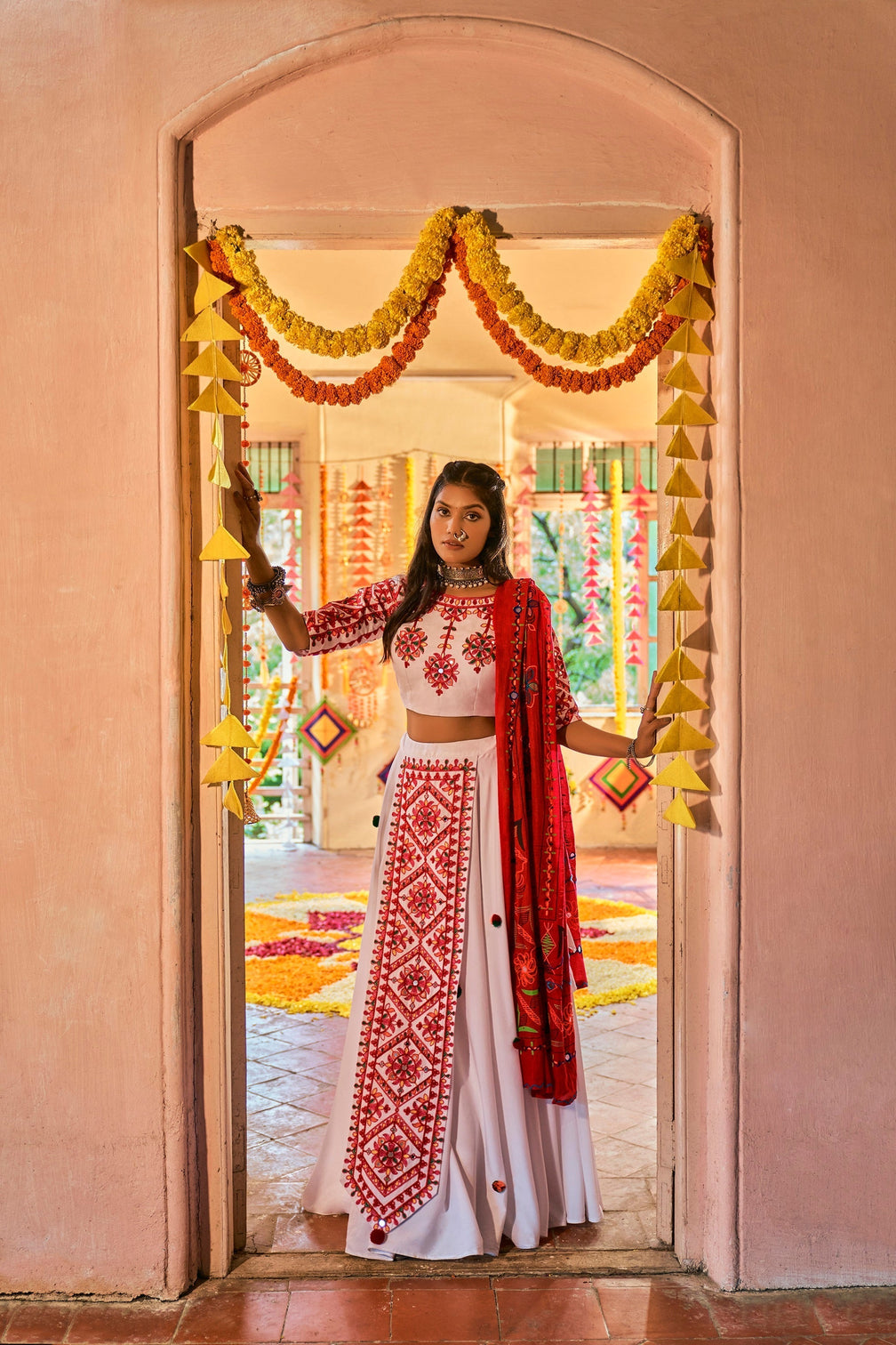 Traditional Wear White Color Navratri Special Lehenga Choli