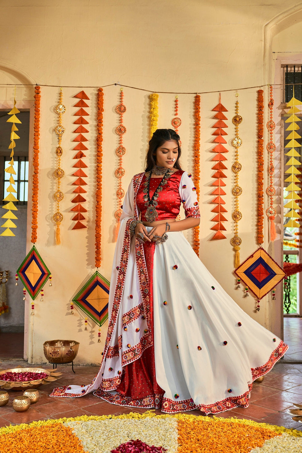 Traditional Wear White & Red Color Navratri Special Lehenga Choli
