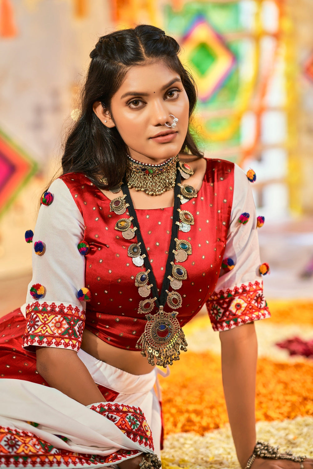Traditional Wear White & Red Color Navratri Special Lehenga Choli