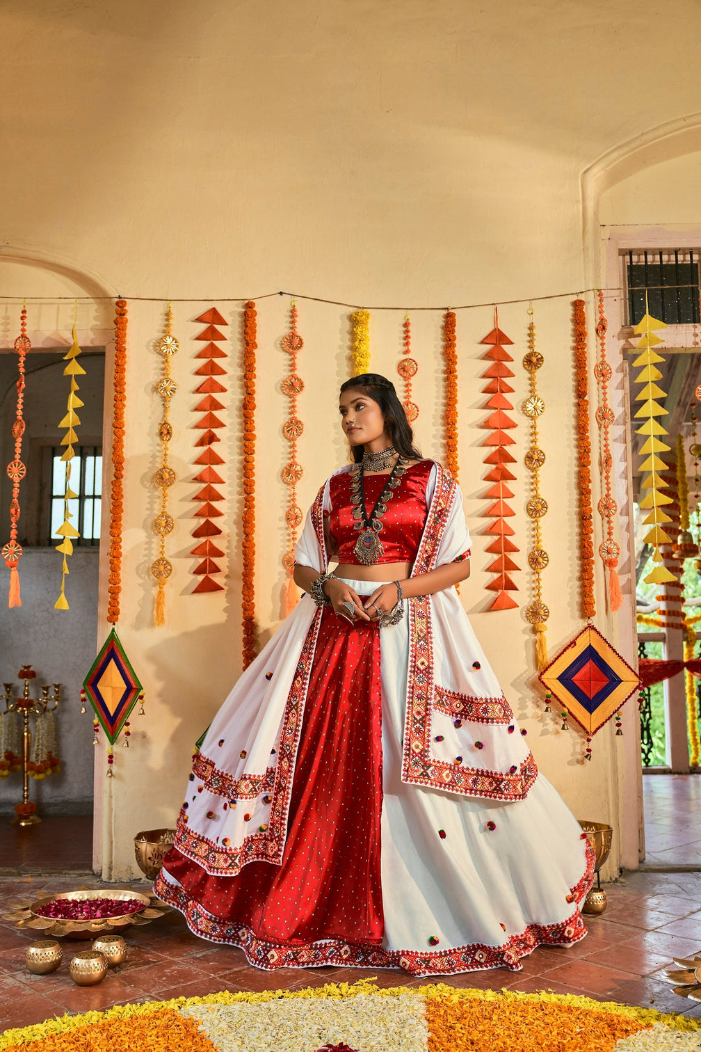 Traditional Wear White & Red Color Navratri Special Lehenga Choli