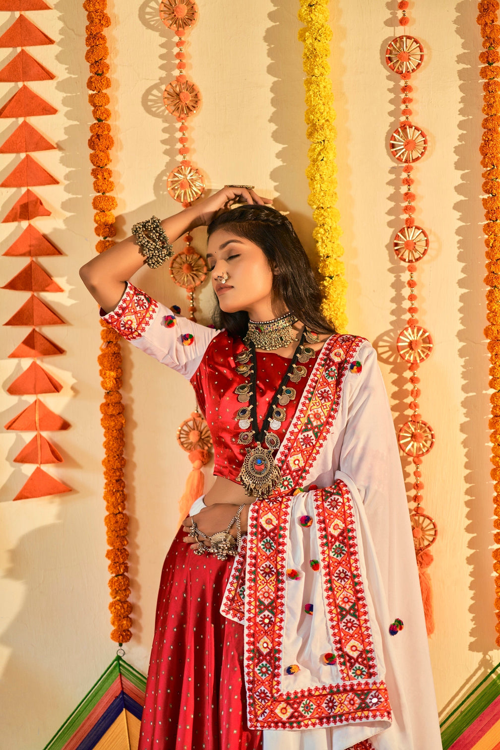 Traditional Wear White & Red Color Navratri Special Lehenga Choli