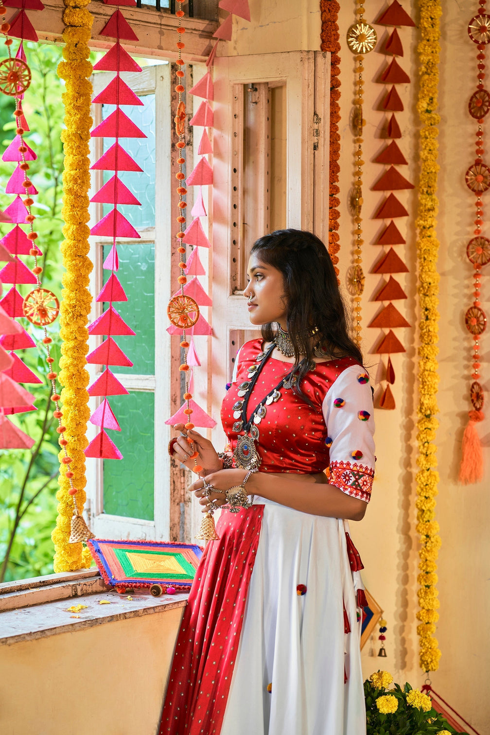 Traditional Wear White & Red Color Navratri Special Lehenga Choli
