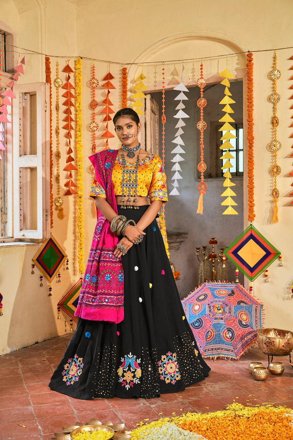 Traditional Wear Black & Yellow Color Navratri Special Lehenga Choli