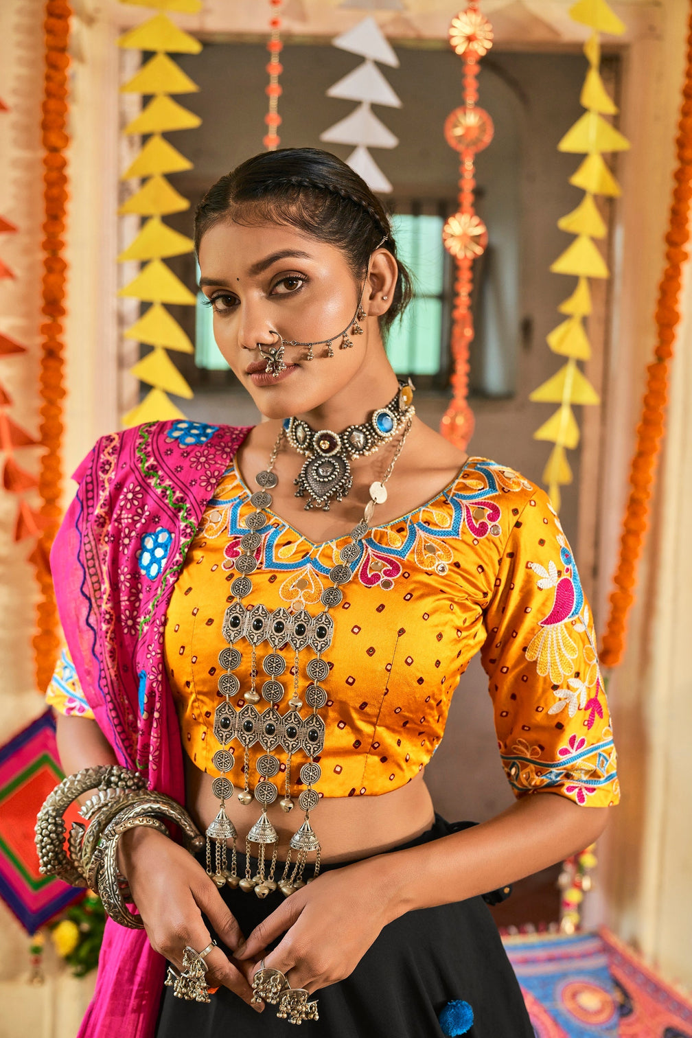 Traditional Wear Black & Yellow Color Navratri Special Lehenga Choli