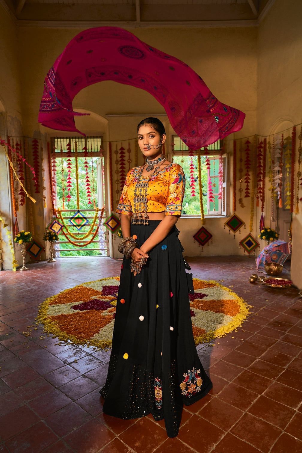 Traditional Wear Black & Yellow Color Navratri Special Lehenga Choli