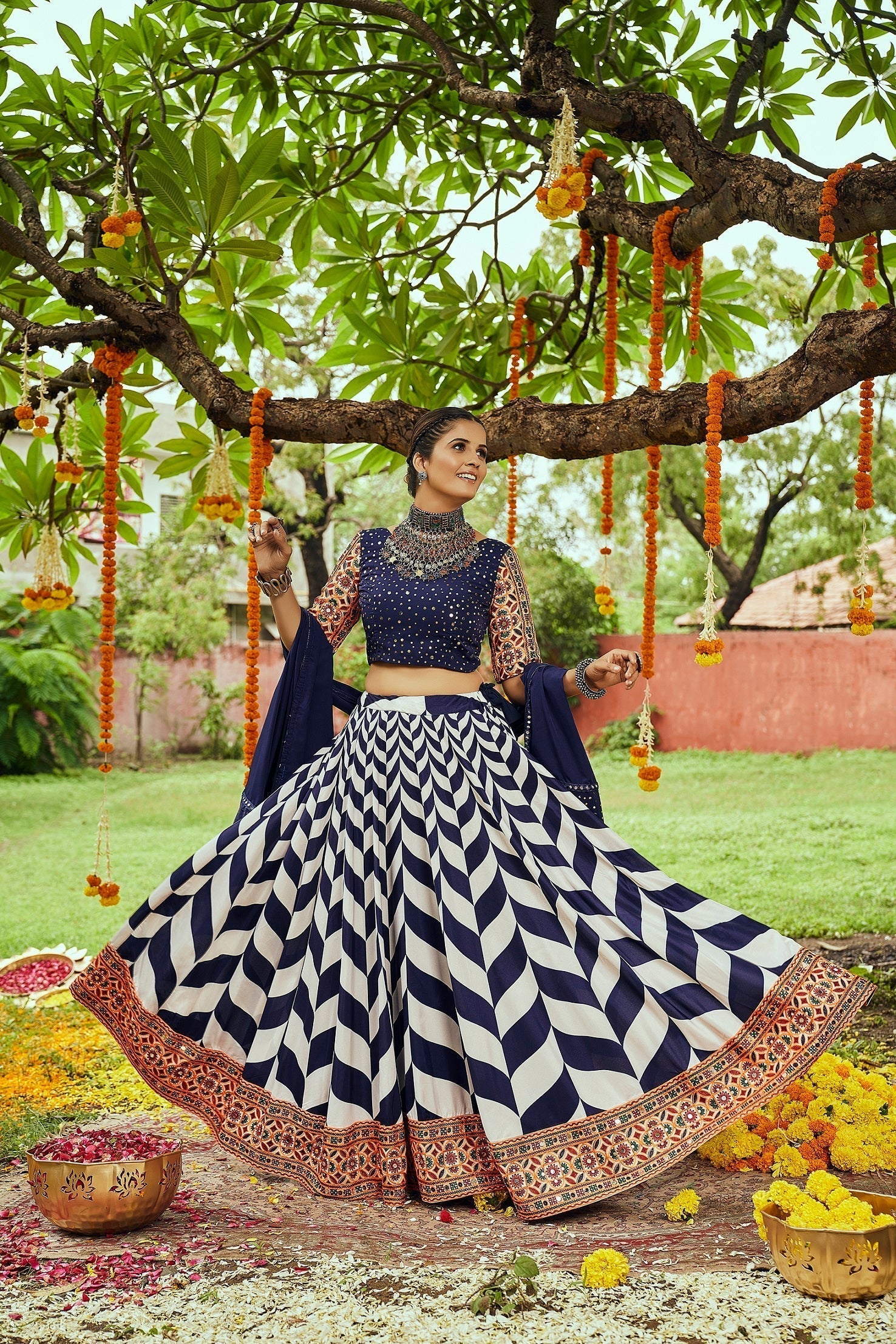 Navratri Special White With Navy Blue Digital Print Traditional Lehenga Choli