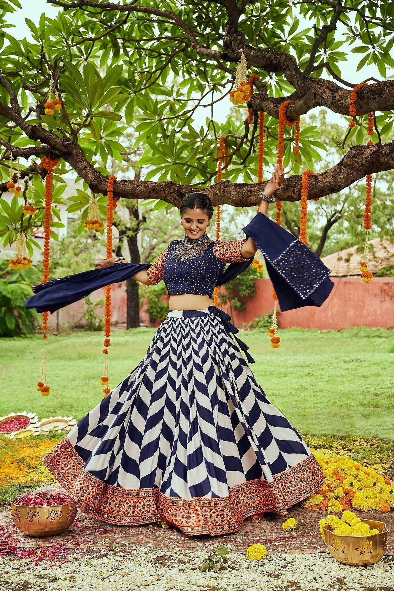 Navratri Special White With Navy Blue Digital Print Traditional Lehenga Choli