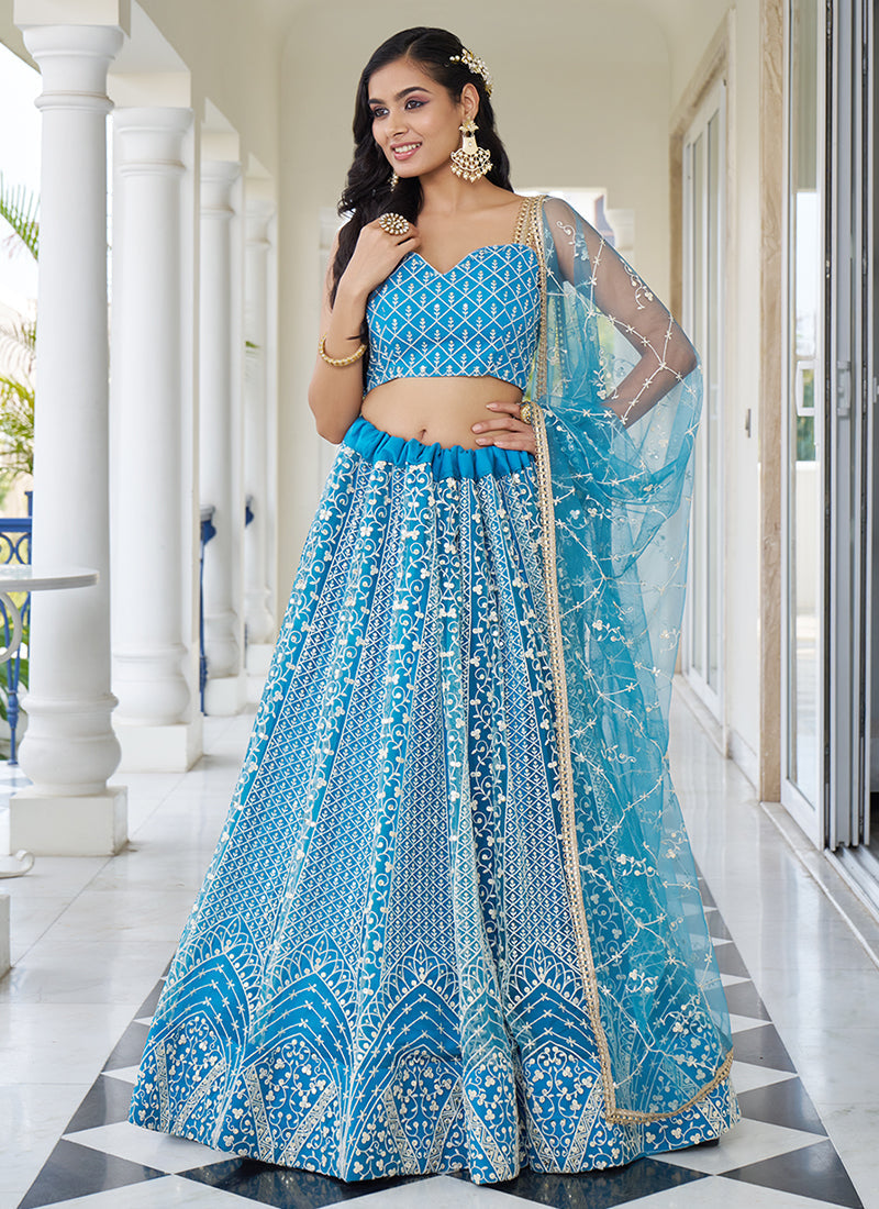 Breathtaking Sky Blue Embroidered Wedding Lehenga Choli