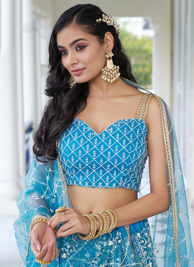 Breathtaking Sky Blue Embroidered Wedding Lehenga Choli