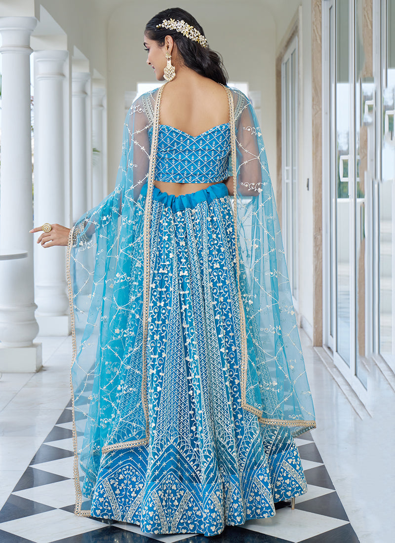 Breathtaking Sky Blue Embroidered Wedding Lehenga Choli