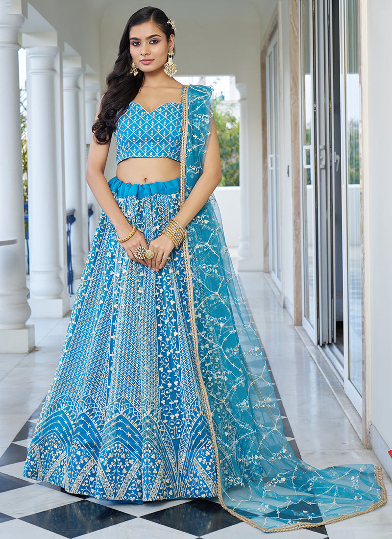 Breathtaking Sky Blue Embroidered Wedding Lehenga Choli