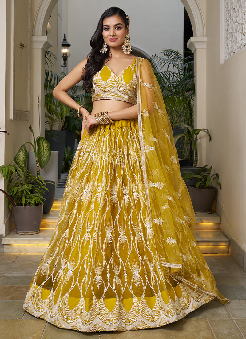 Designer Mustard Yellow Embroidery Wedding Lehenga Choli