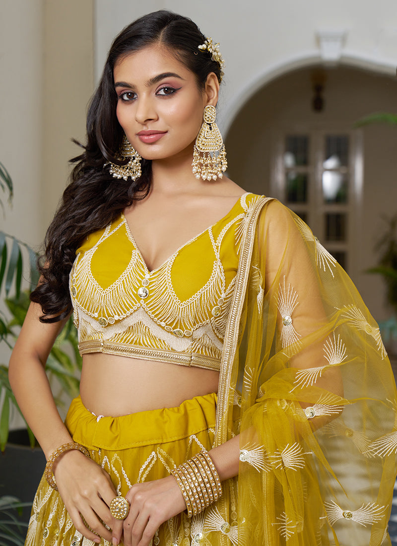 Designer Mustard Yellow Embroidery Wedding Lehenga Choli