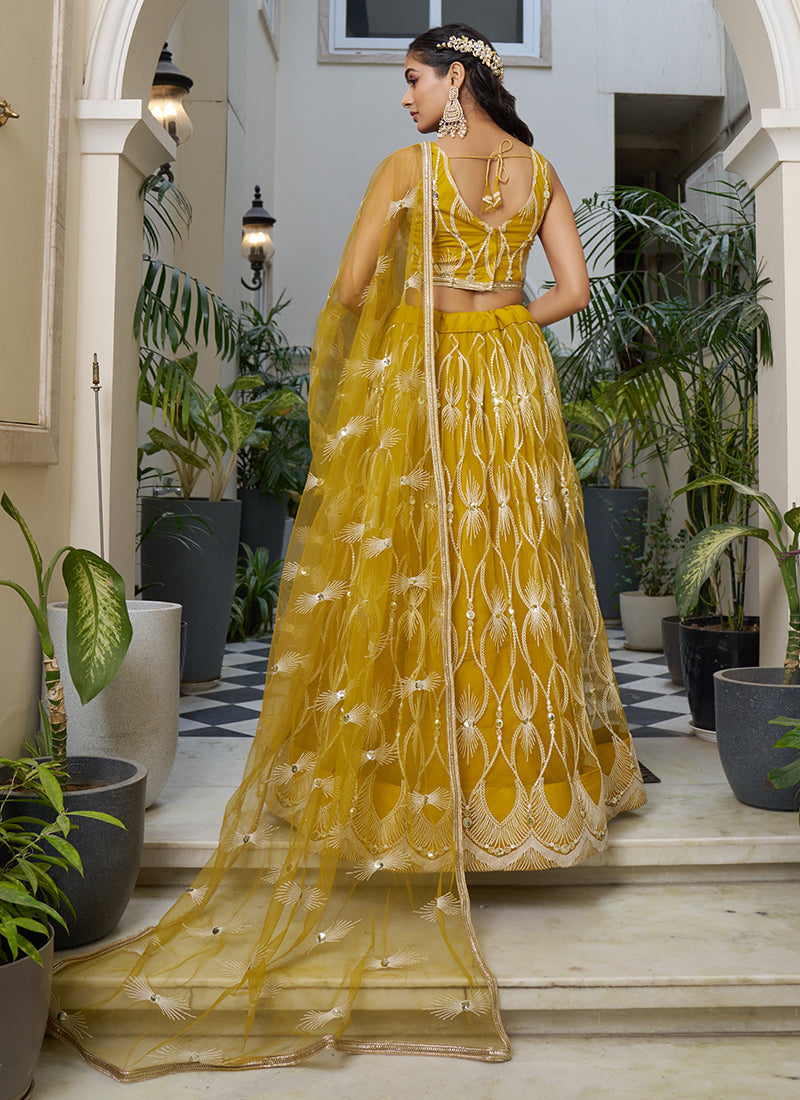 Designer Mustard Yellow Embroidery Wedding Lehenga Choli