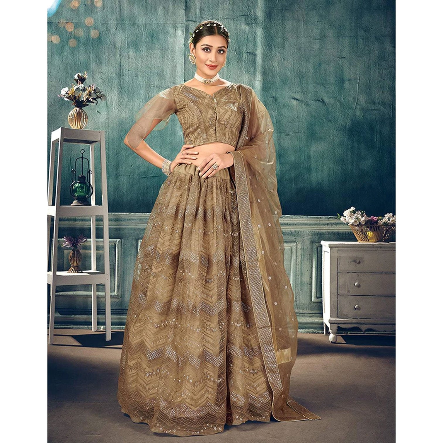 Gold Soft Net Lehenga Choli with thread and sequins work