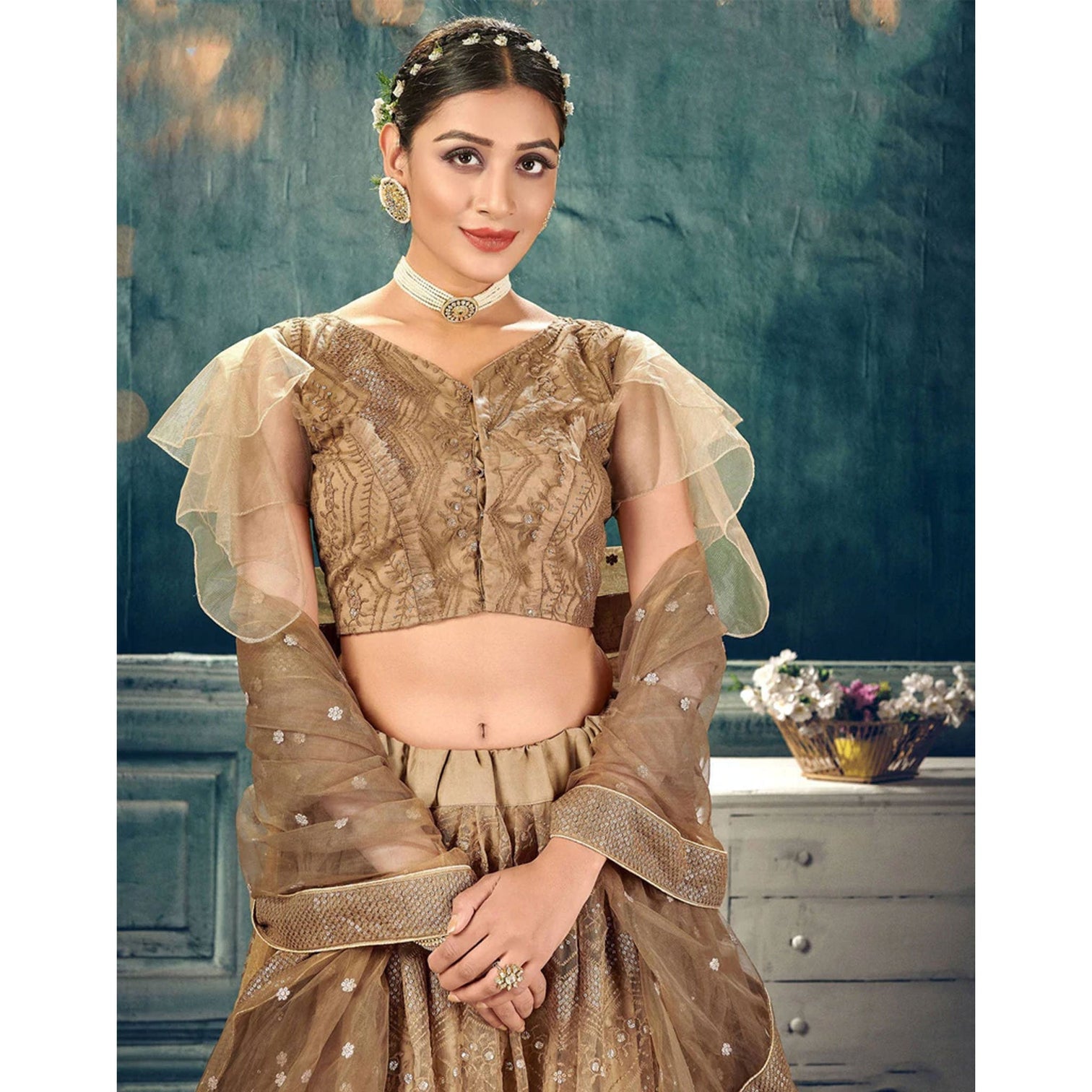Gold Soft Net Lehenga Choli with thread and sequins work