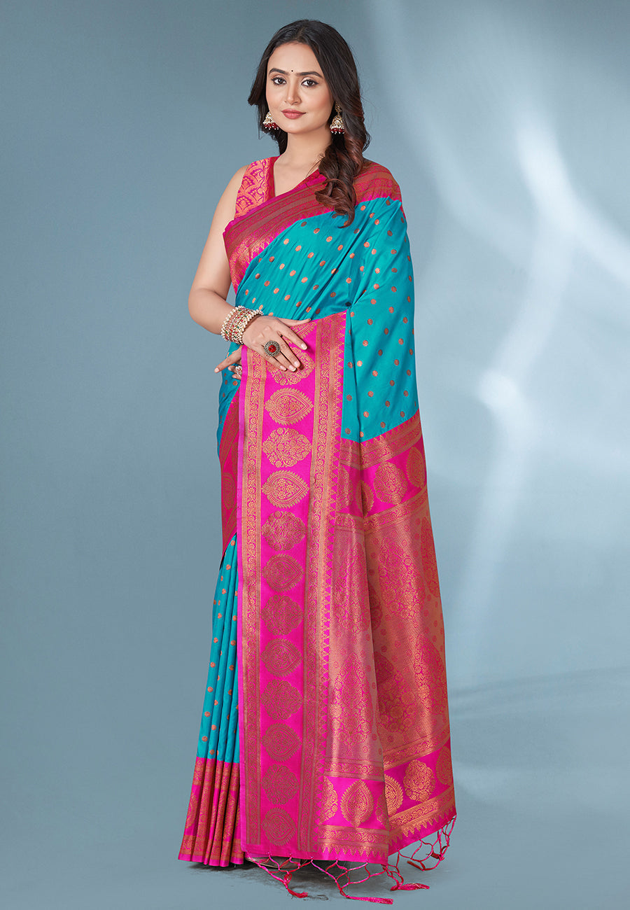 Blue polka paithani silk contrast zari woven saree with unstitched blouse