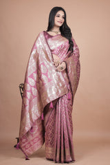 Elegant Pink Silk Saree with Silver Zari Work - Traditional Handwoven Indian Sari for Weddings, Festive Occasions & Parties